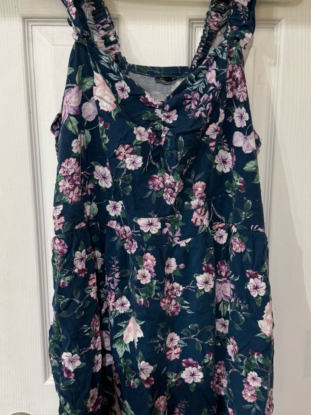 Floral Navy Sleeveless Ruffle-Shoulder Dress/Shorts